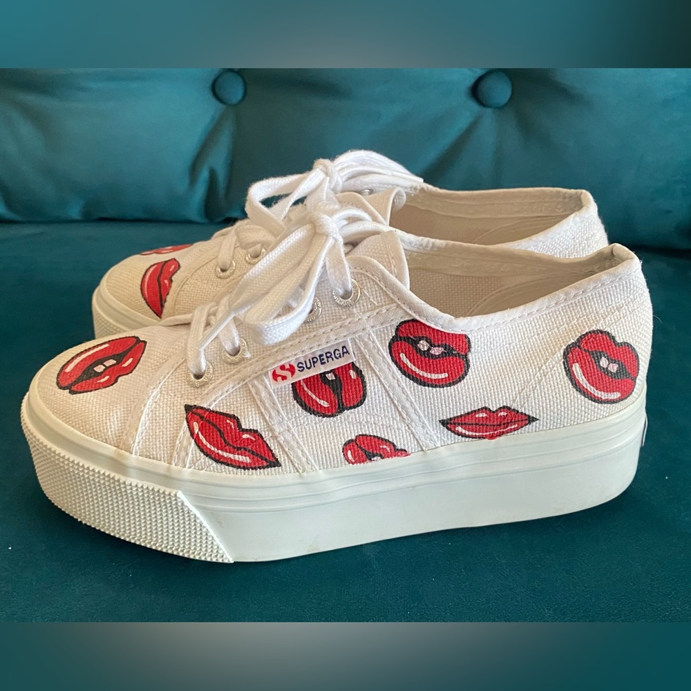 Rare! Excellent used condition Lips/kisses SUPERGA 2 in. Platform tennis shoes.